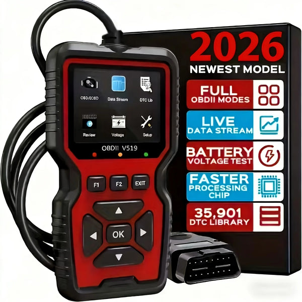 Red OBD2 scanner with 2.8-inch color screen and cable