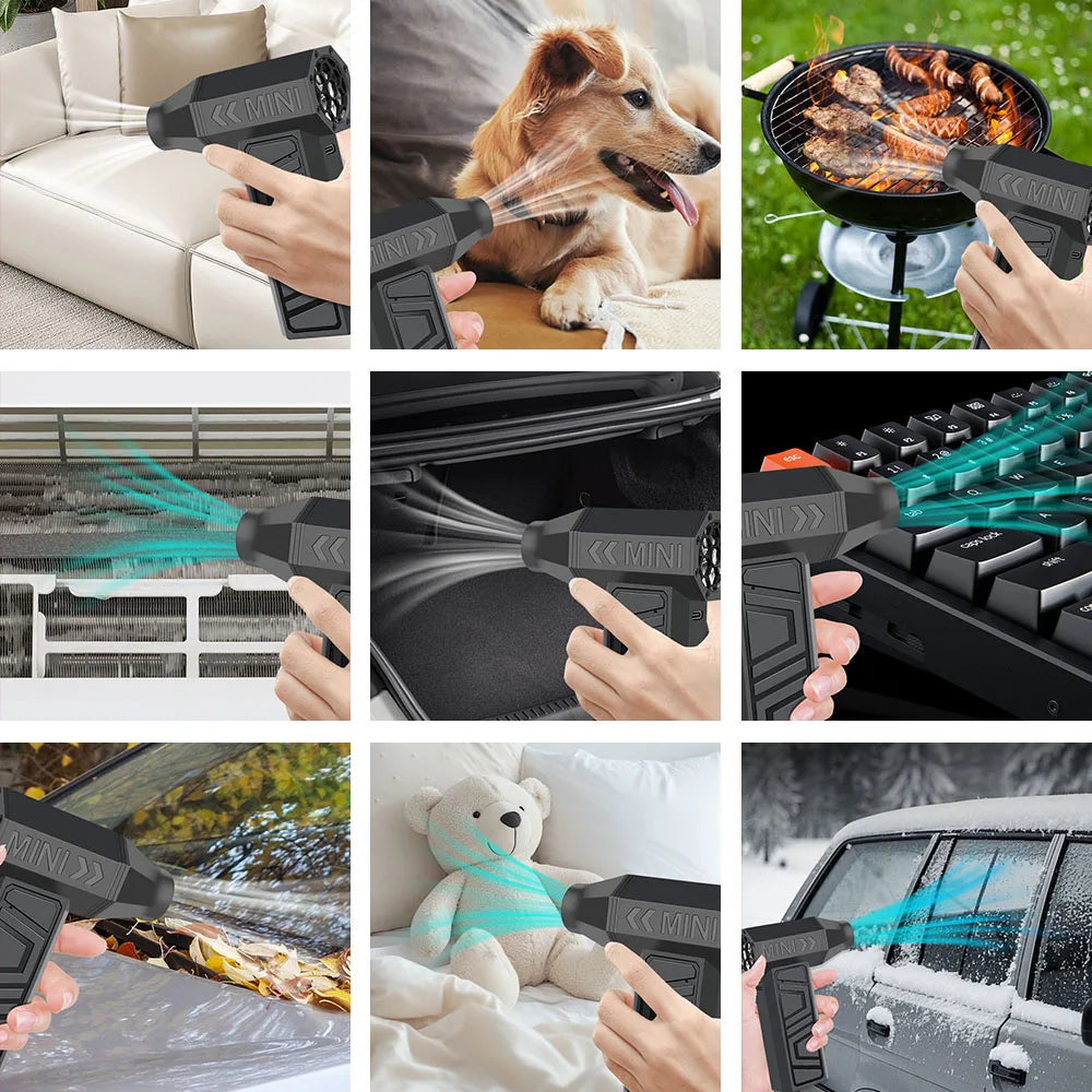 Cordless air duster used on a sofa, a keyboard, a car trunk and more