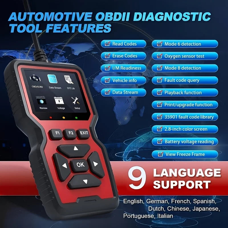 OBD2 scanner feature list with 9-language support