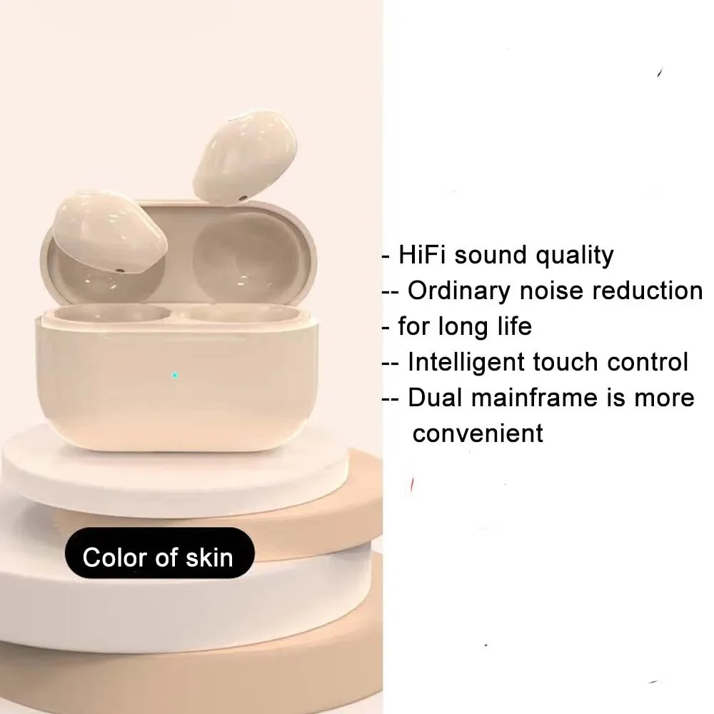 Mini wireless earbuds in a beige charging case