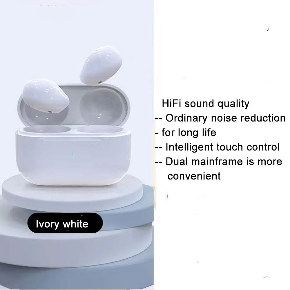 Mini wireless earbuds in a white charging case