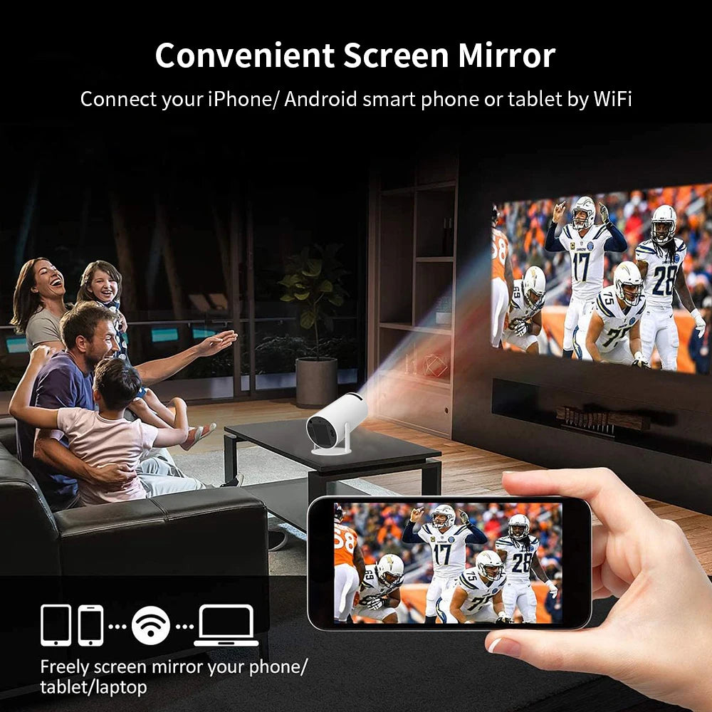 Mini smart projector showing a movie on the wall