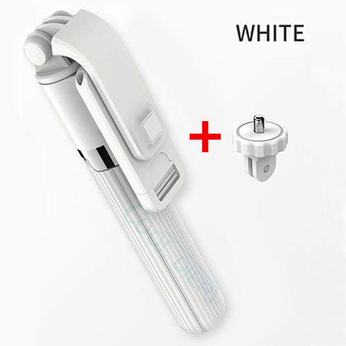 White selfie stick tripod with action camera adapter