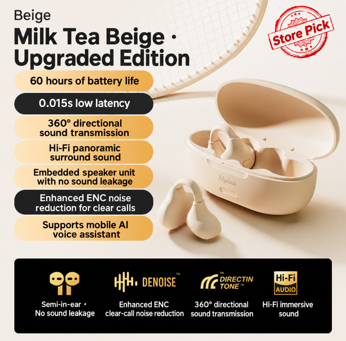 Beige open-ear wireless earbuds with charging case