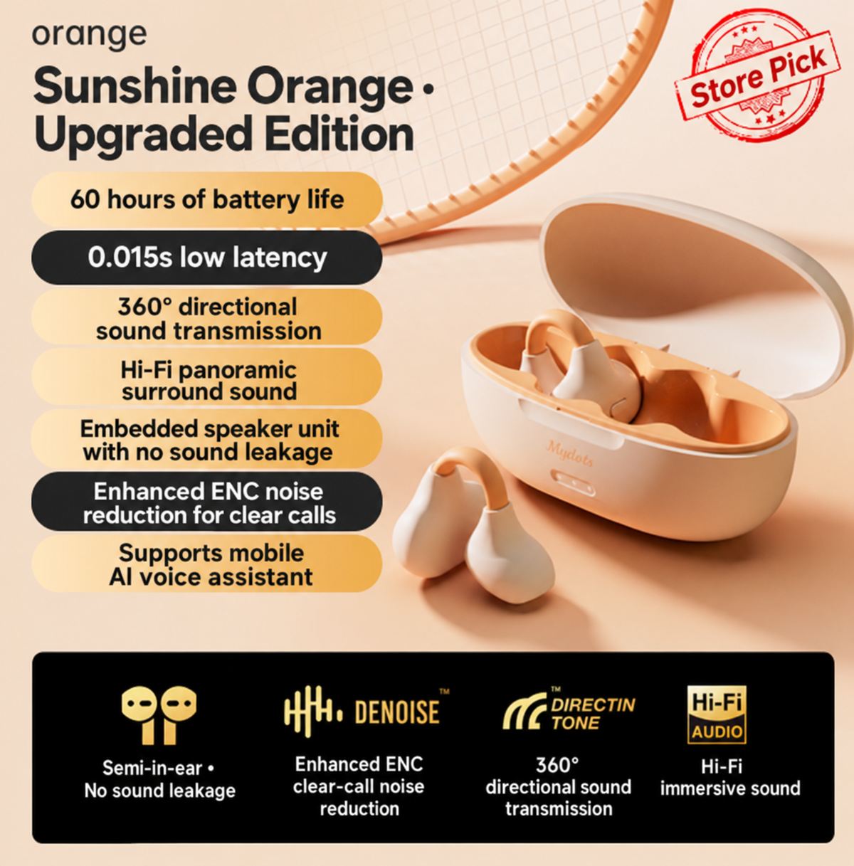 Orange open-ear wireless earbuds and features