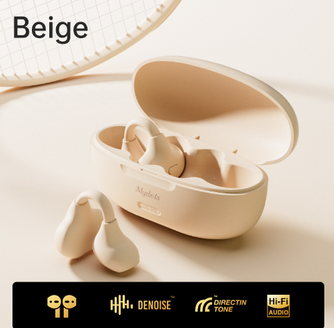 Beige open-ear clip-on earbuds in charging case