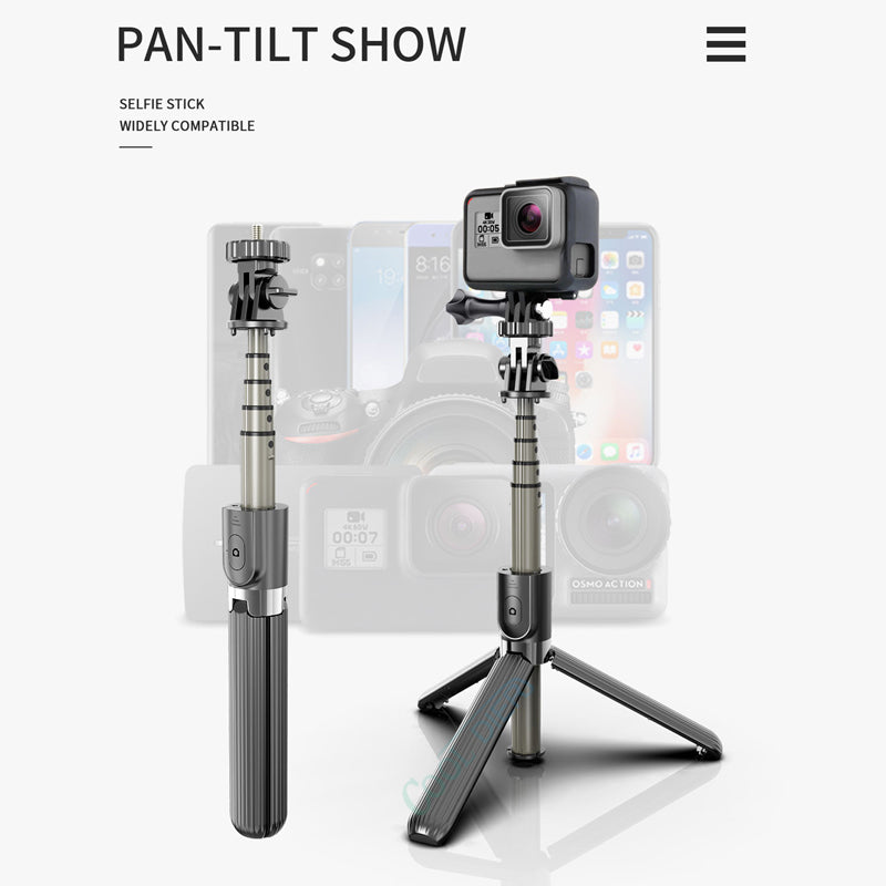 Selfie stick tripod with pan-tilt head holding an action camera