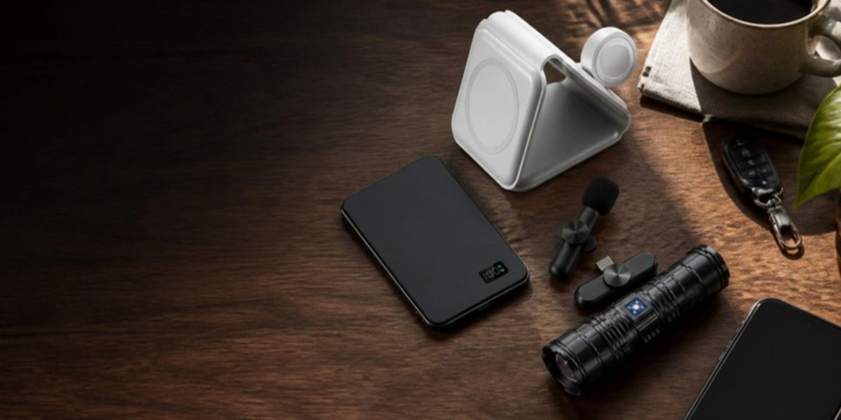 Magnetic power bank, 3-in-1 charging station, wireless mic and tactical flashlight on a wooden desk
