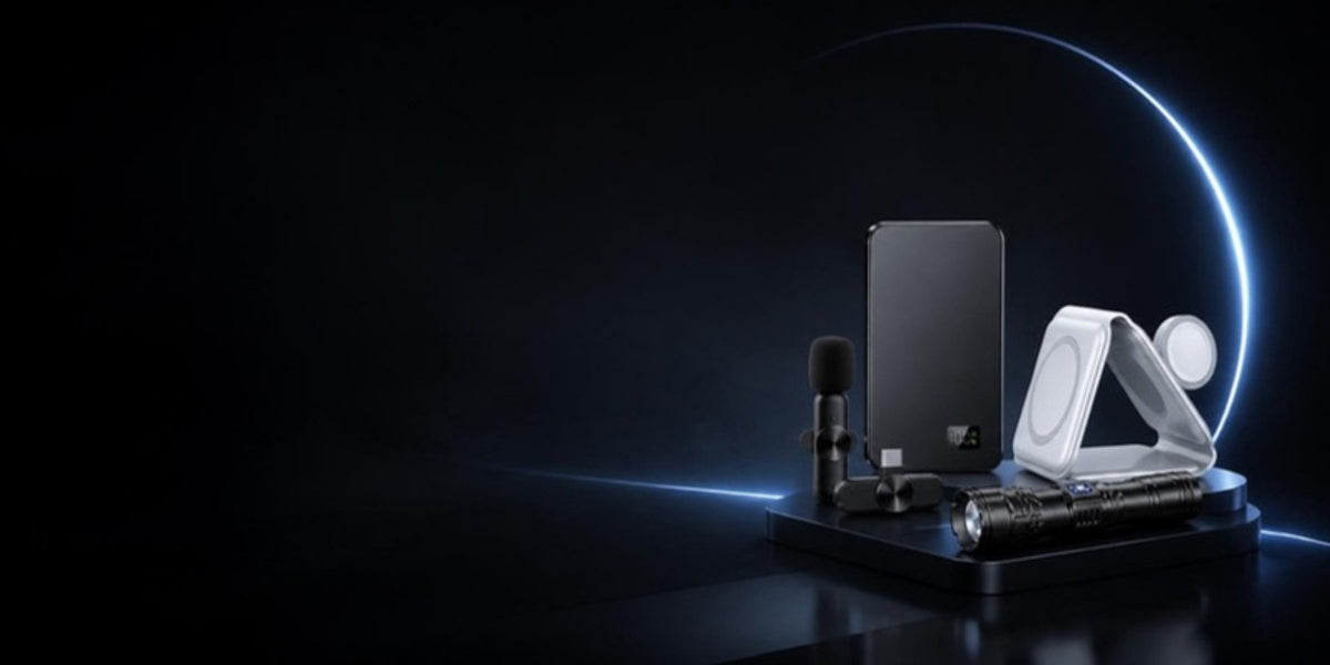 Power bank, 3-in-1 charger, wireless mic and flashlight on a dark podium